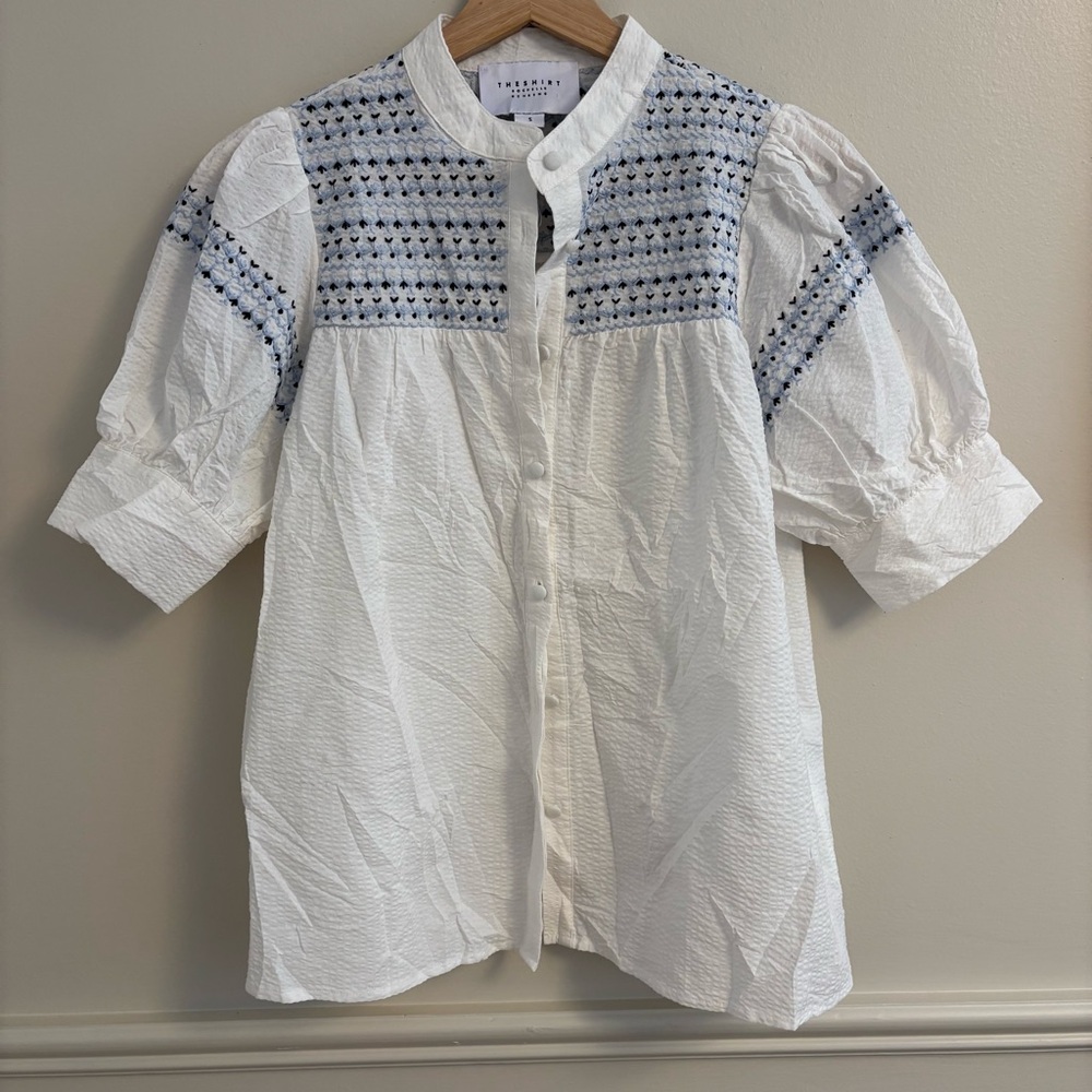 The Shirt by Rochelle Behrens - White and Blue Embroidered Top